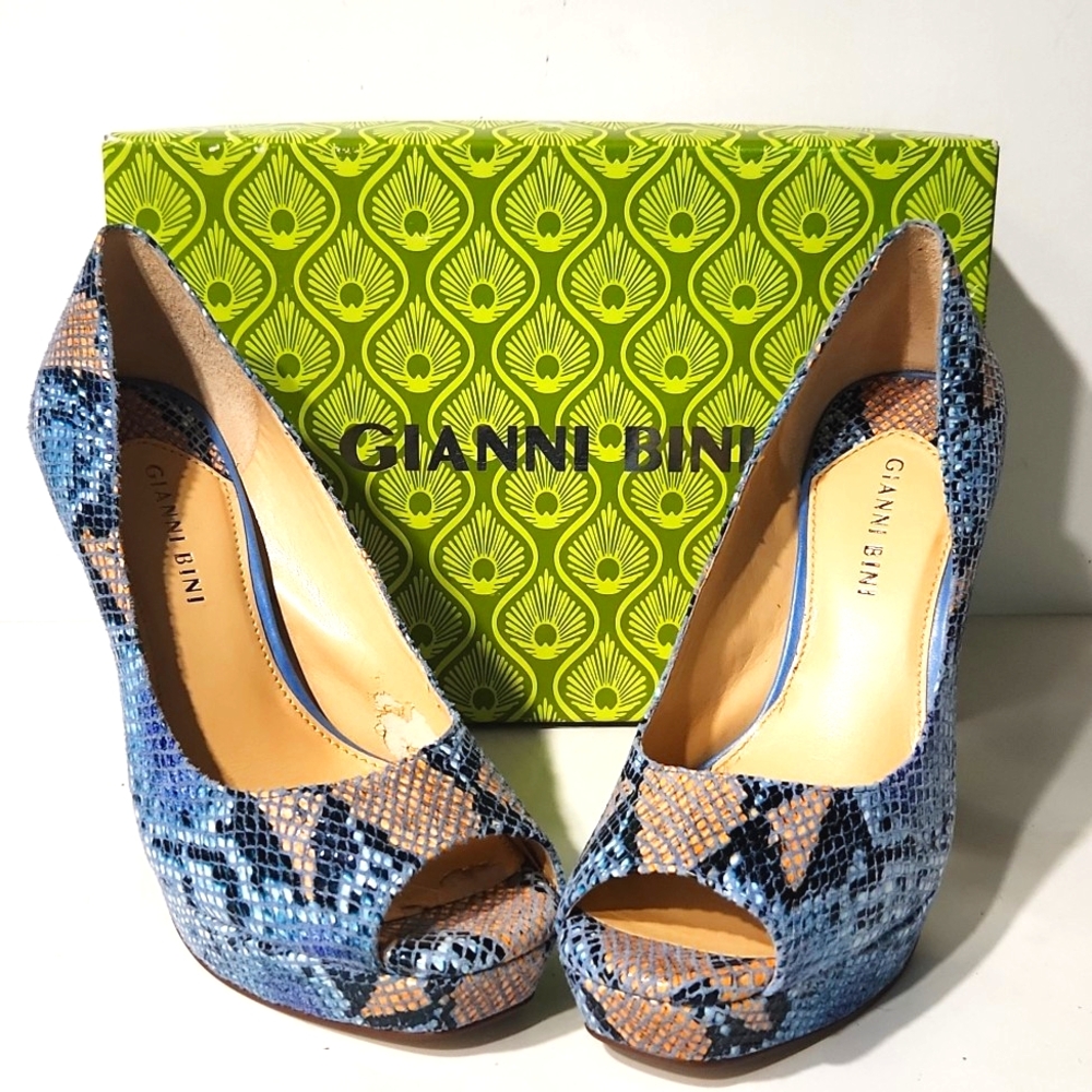 Gianni Bini Daniella Leather Snakeskin Platform Open Toe High Heel Size 8 EUC!! - Picture 2 of 16